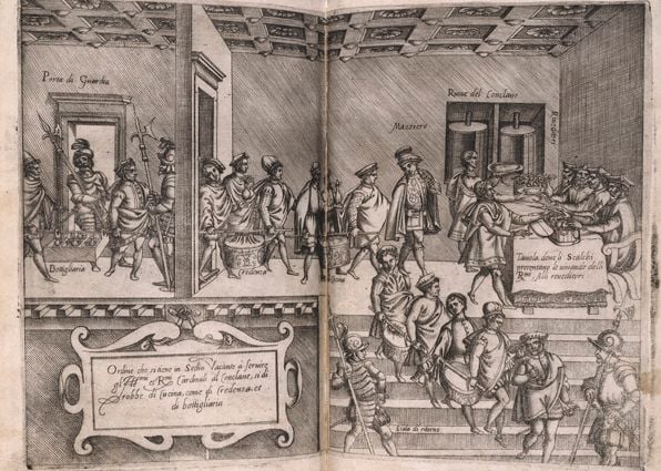 Bartolomeo Scappi L'Opera, the first depiction of a food preparation for a papal conclave