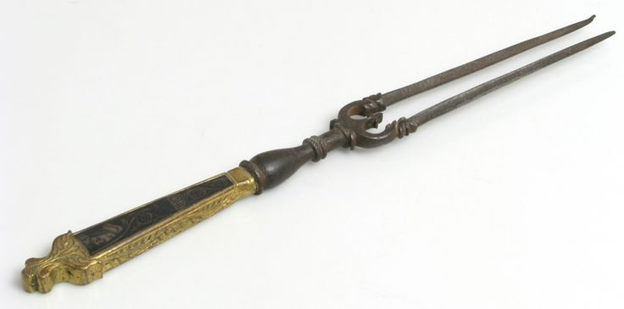 Italian fork, 15th century Iron, copper alloy, partially gilt, silver and niello, Met Museum