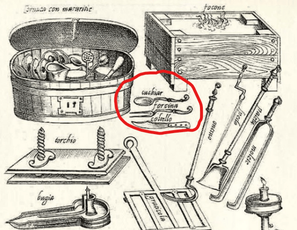 The first depiction of a fork in print: Bartolomeo Scappi L'Opera