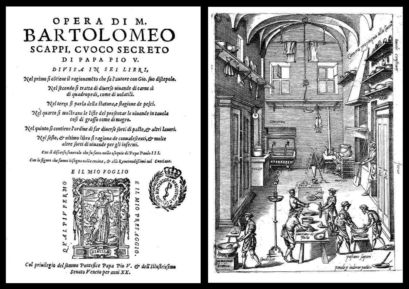 L'Opera di Bartolomeo Scappi Book plate and kitchen illustration